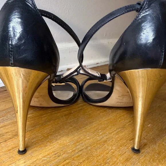 Celyn b. by Elisabetta Franchi Black Leather Gold Heel Sandals 39 Italy - Picture 5 of 8